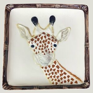 Giraffe Square Plate 3-D Art Display Brown Border CERAMICA DE CUERNAVACA Mexico